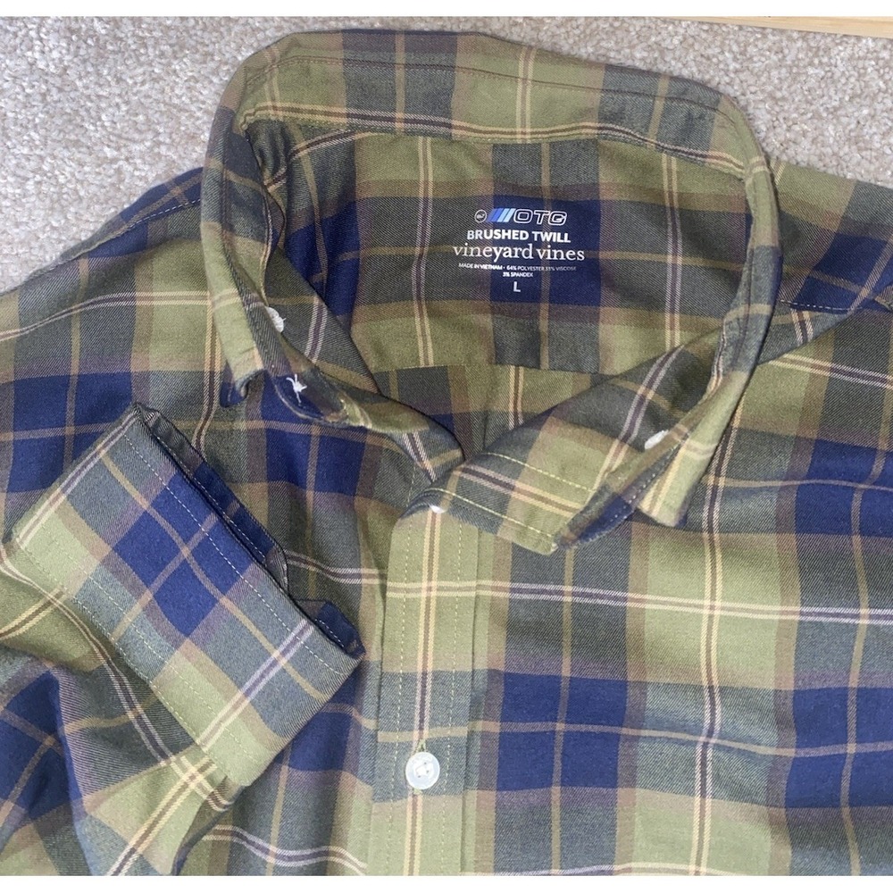 Vineyard Vines OTG Brushed Twill Plaid Viscose Stretch Flannel Shirt Mens L Camp